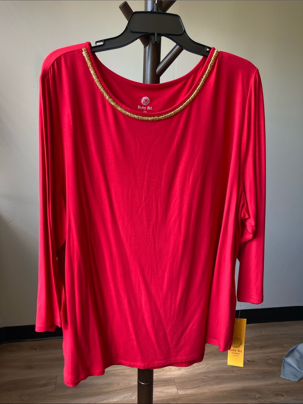 Ruby Rd red top gold beaded embellished neckline 2X - Picture 12 of 17